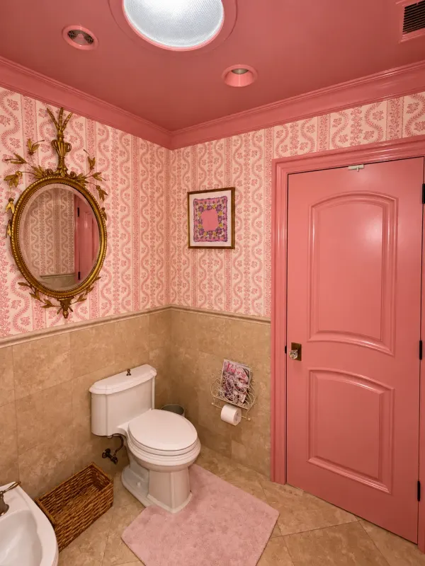 Pink powder room with patterned wallpaper, ornate mirror and painted door