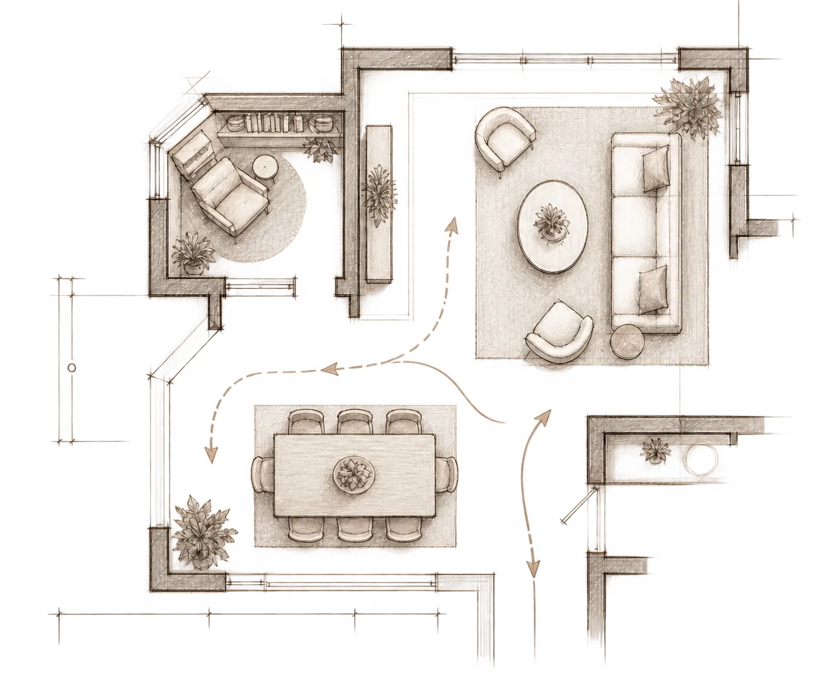 A hand-drawn interior space planning sketch